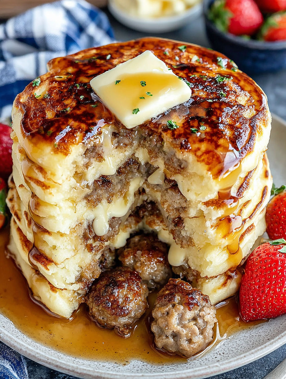 A stack of pancakes with butter and strawberries on top.