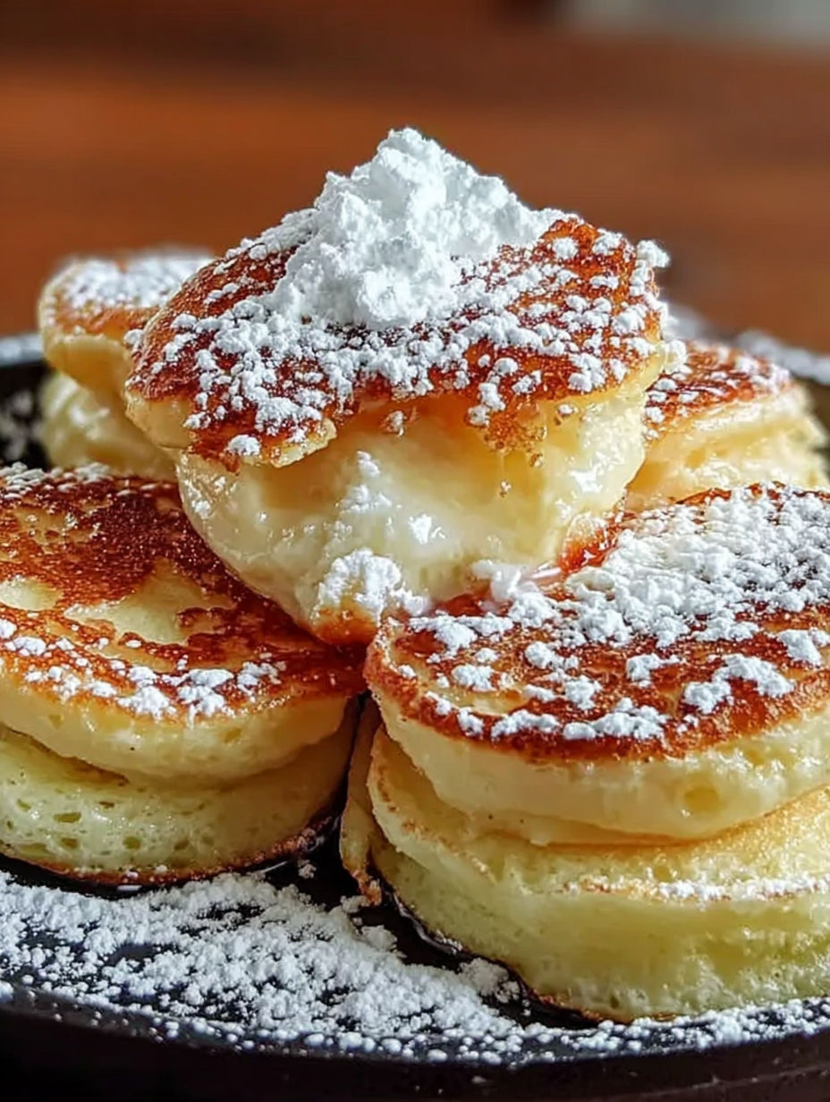 A stack of mini pancakes with powdered sugar on top.