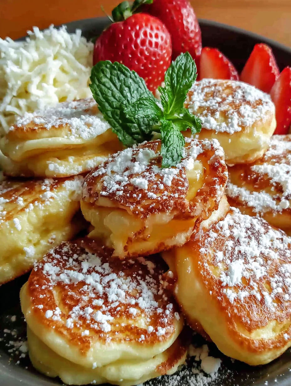 A plate of mini pancakes with powdered sugar on top.