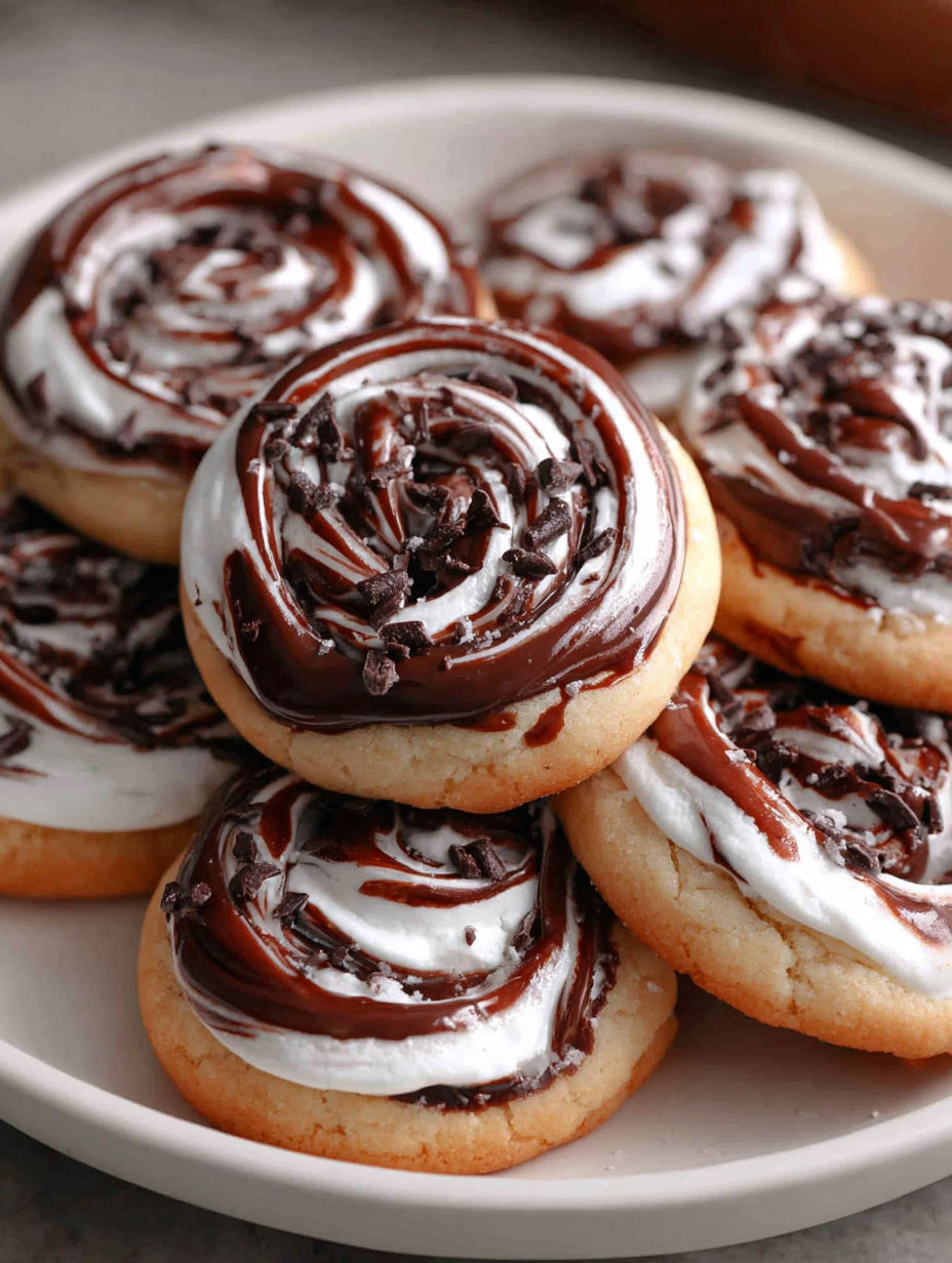A plate of chocolate marshmallow swirl cookies.