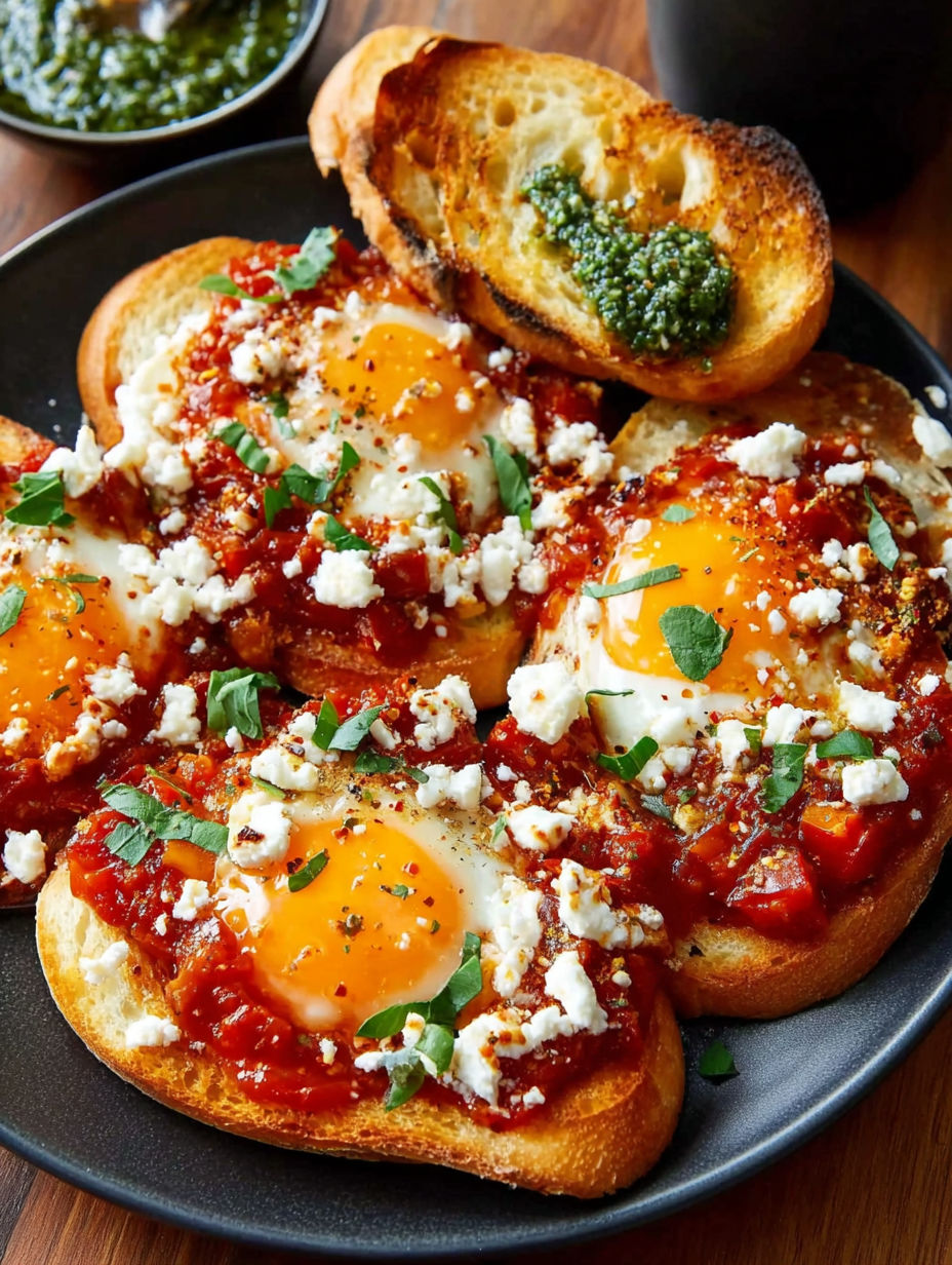 A plate of toast with feta cheese and eggs.