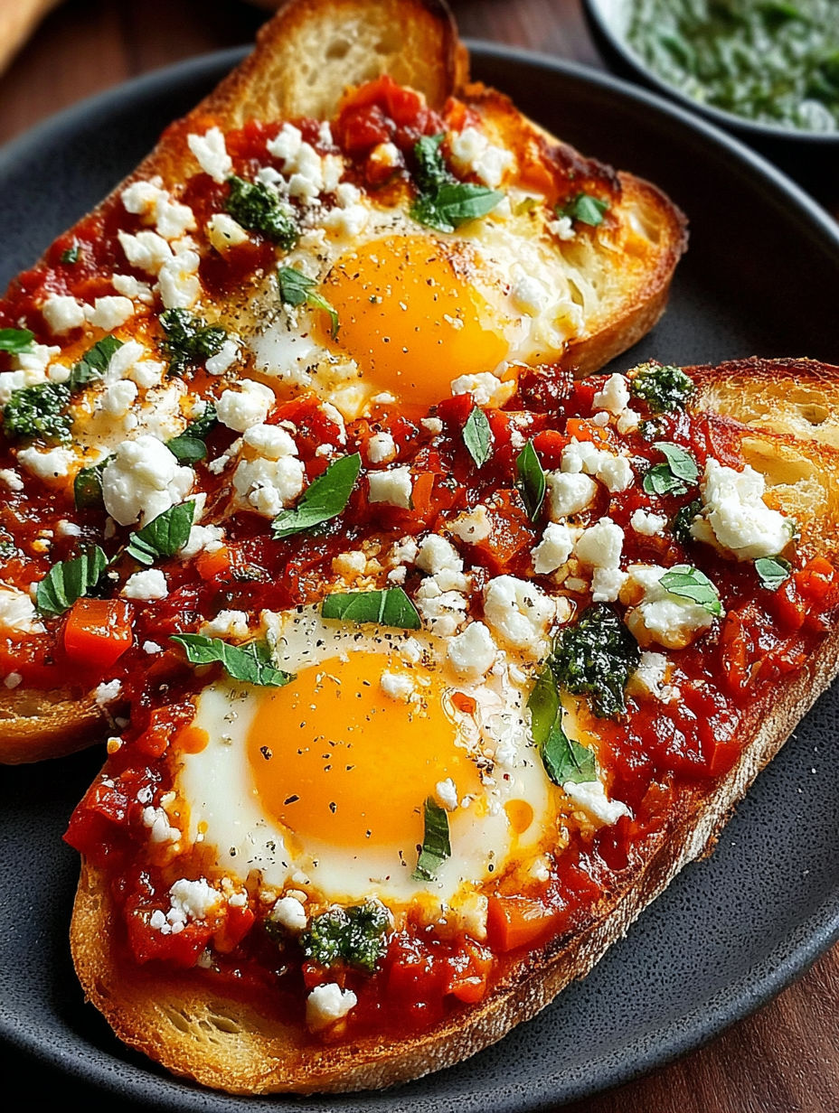 A plate of toast with feta cheese and eggs.