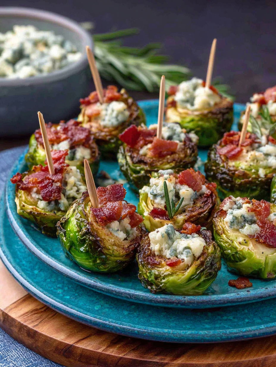 A plate of bacon wrapped brussels sprouts with blue cheese.
