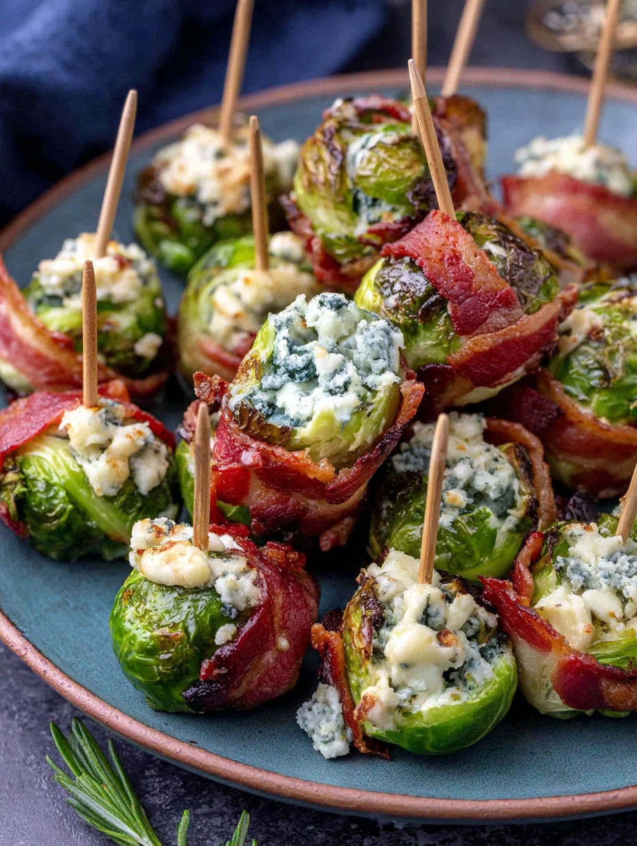 A plate of bacon wrapped brussels sprouts with blue cheese.