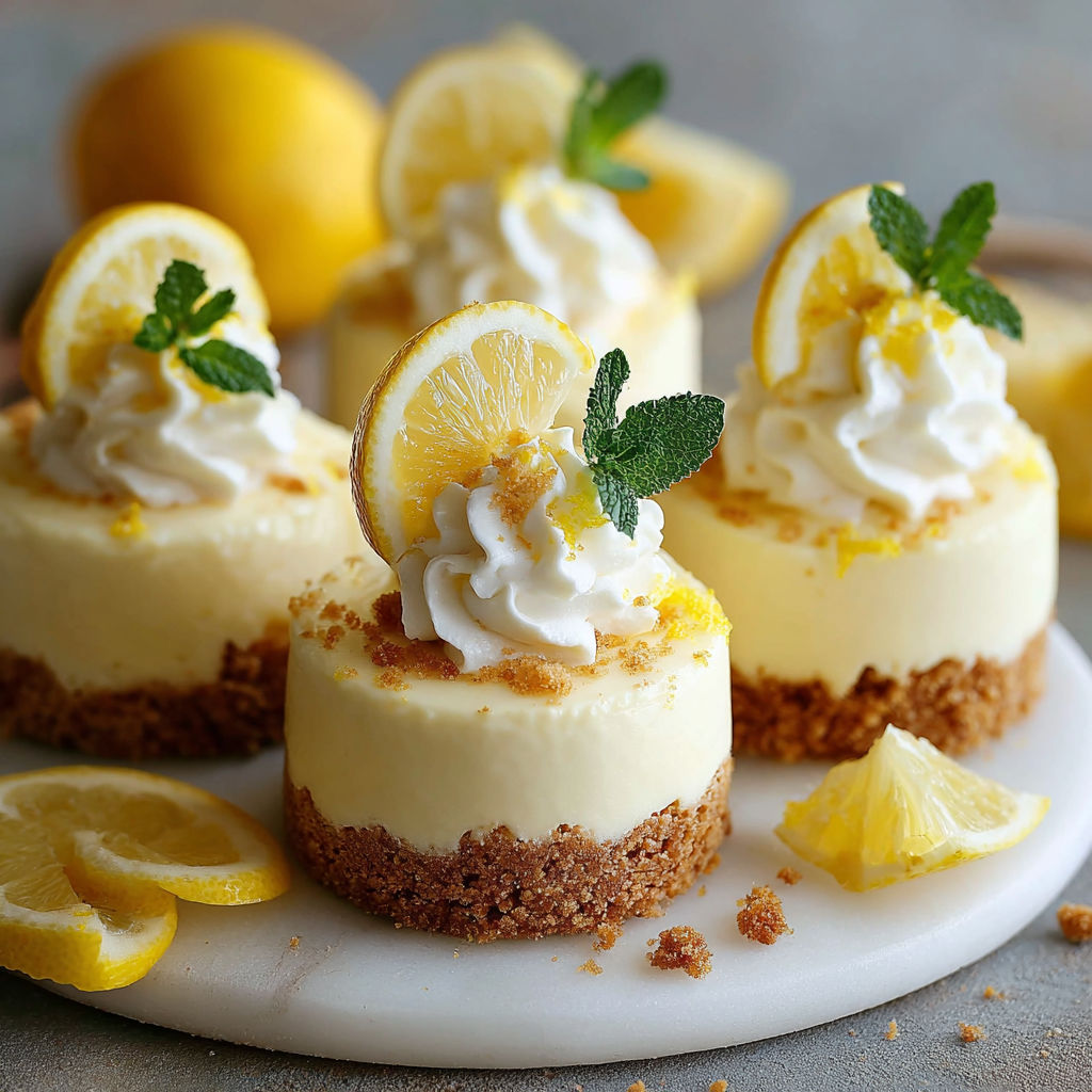 Four mini lemon cheesecakes with lemon wedges on top.