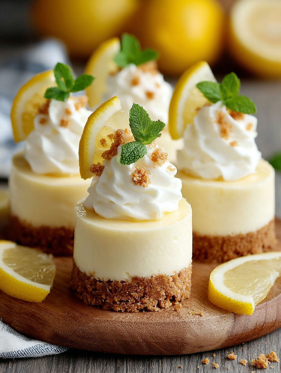 Mini lemon cheesecakes with white whipped cream on top.