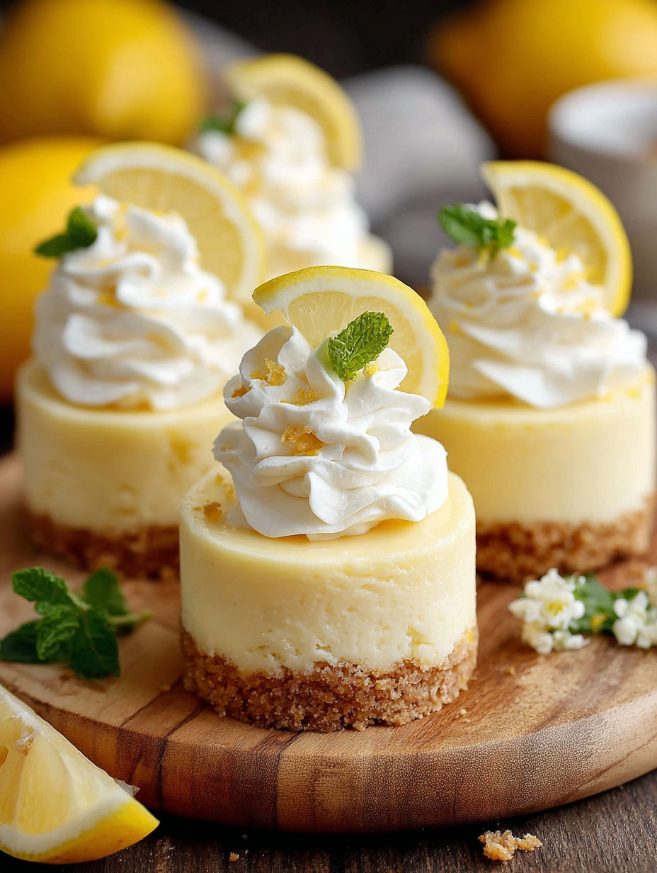 Three mini lemon cheesecakes with whipped cream.