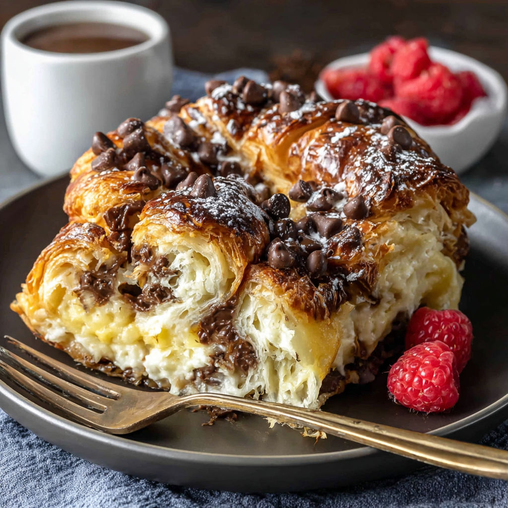 A delicious chocolate croissant with raspberries on top.