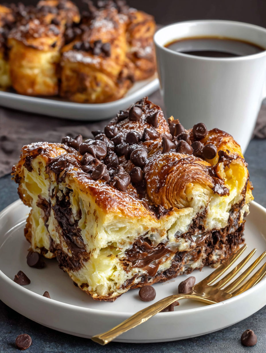 A delicious chocolate croissant with chocolate drizzle on top.