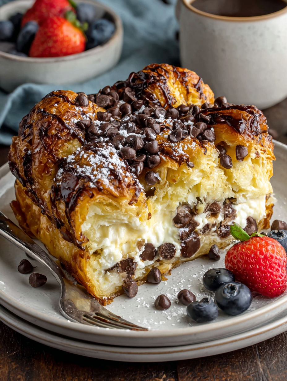 A delicious chocolate croissant with powdered sugar and blueberries.