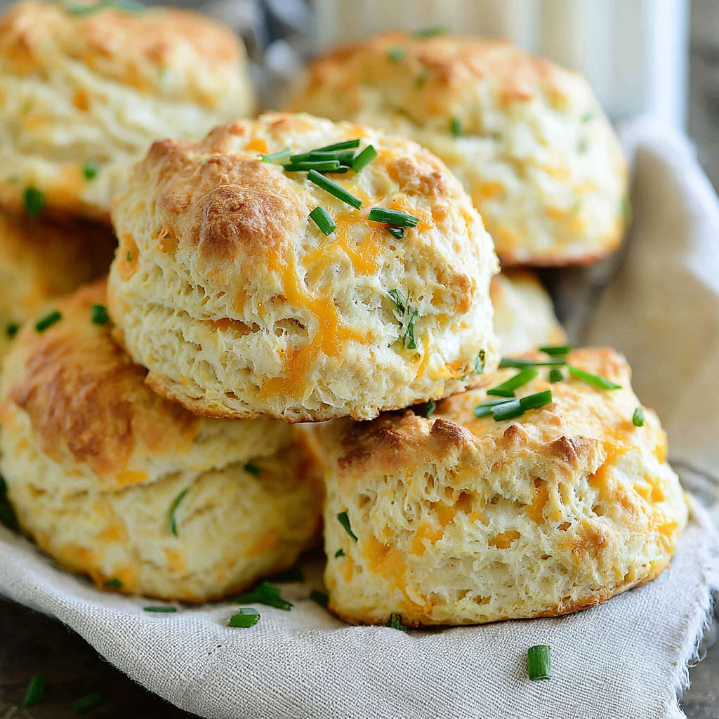 A stack of scones with chives on top.