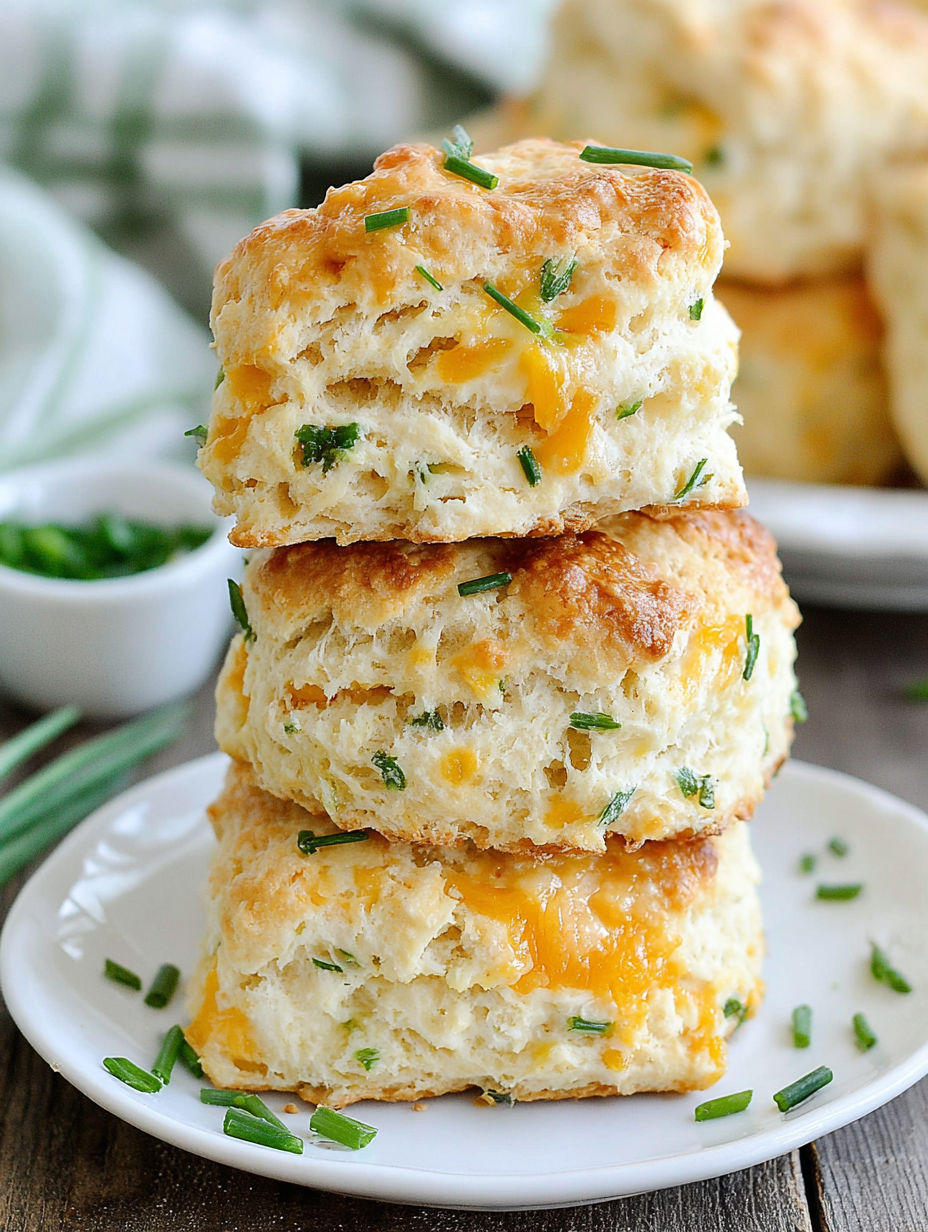 Three stacked scones with chives and cheese.