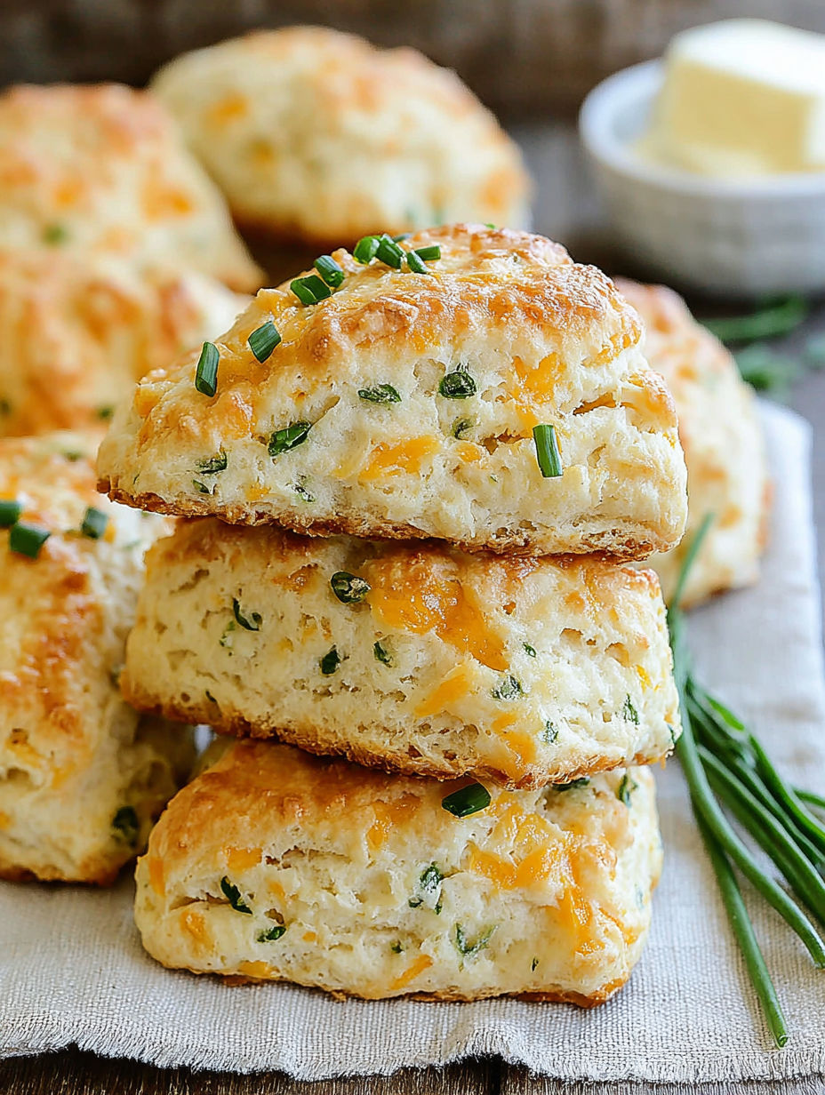A stack of three scones with chives and cheese.