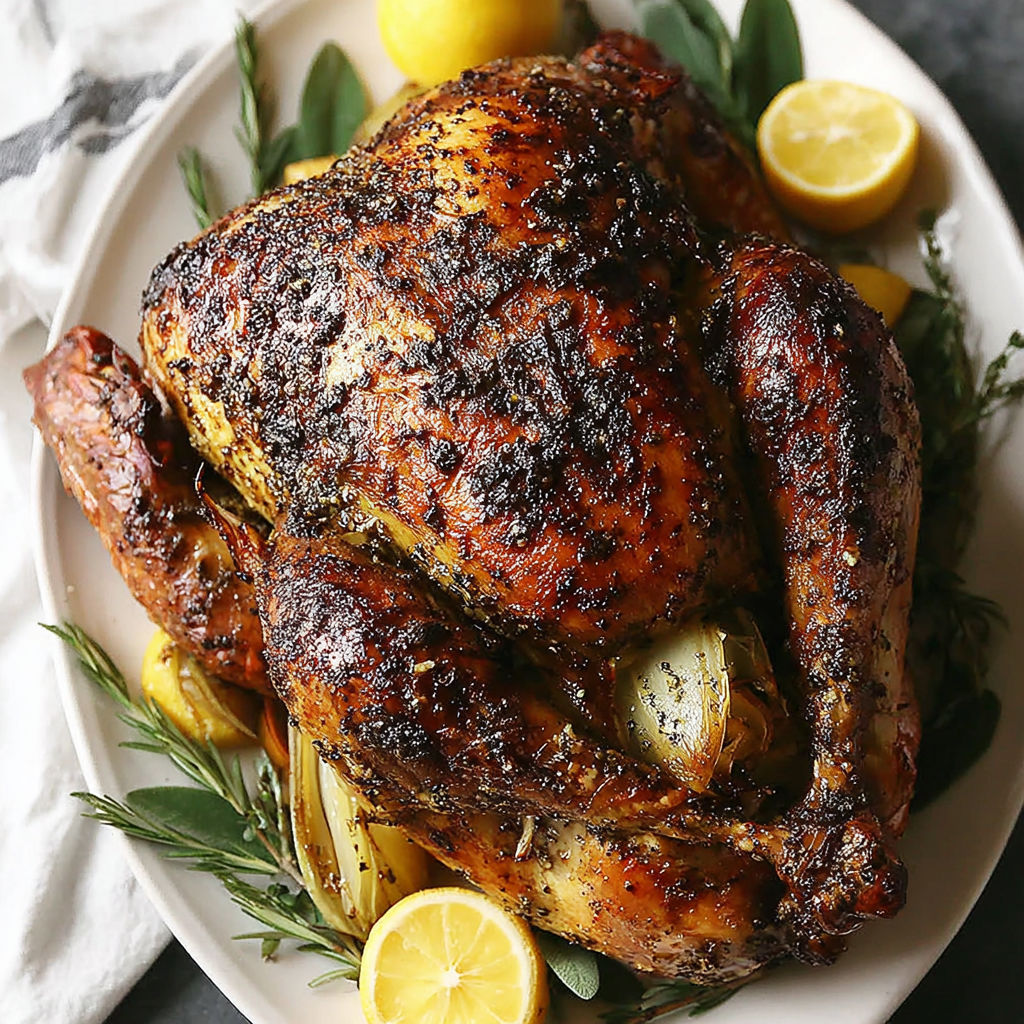 A roasted turkey with garlic and lemon on a plate.