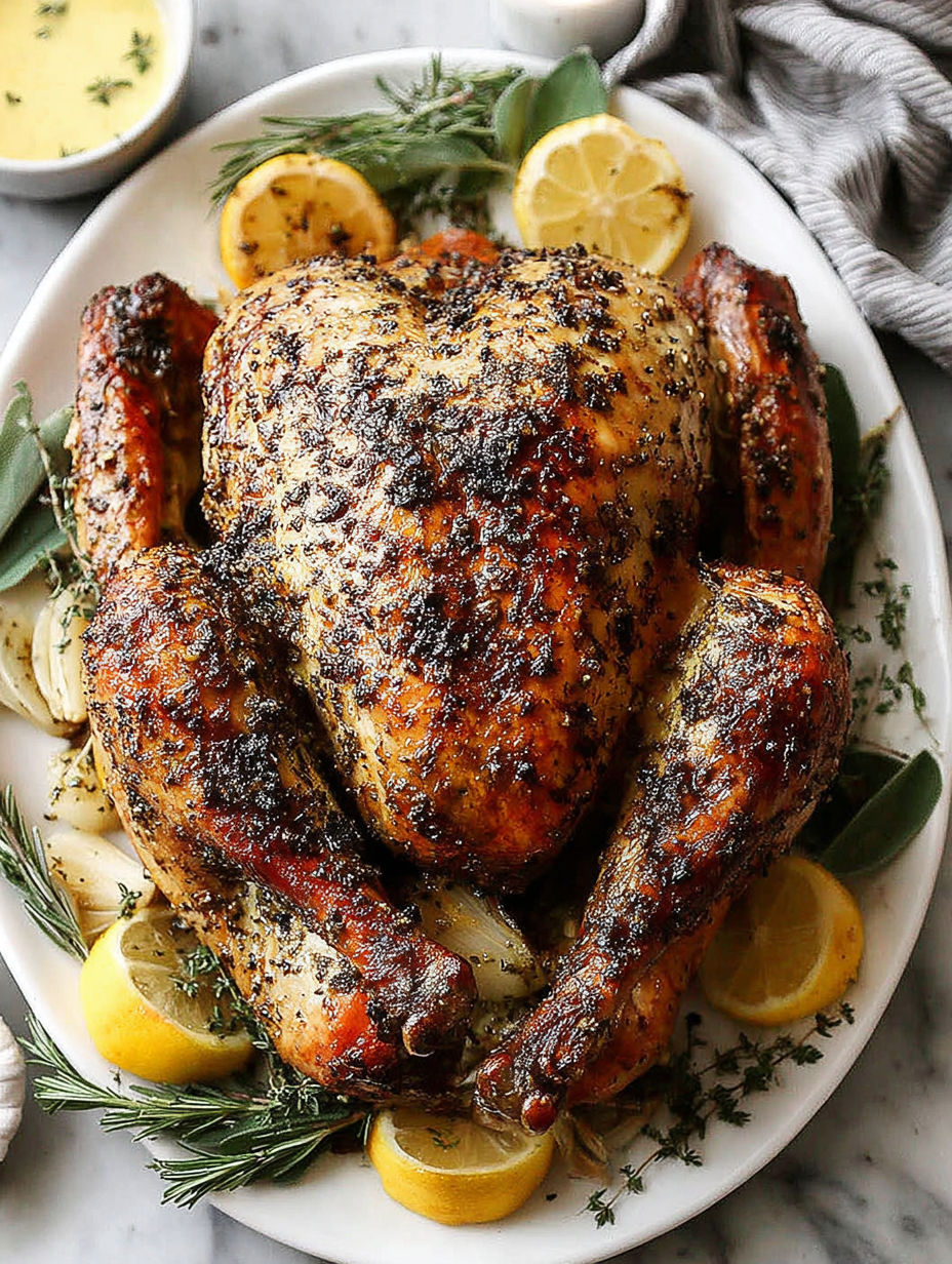 A whole cooked turkey with garlic and lemon on a plate.