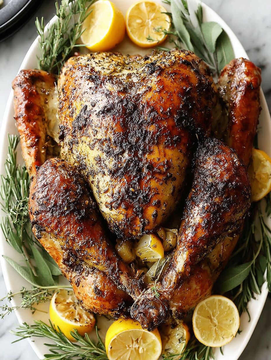 A turkey with garlic and lemon on it.