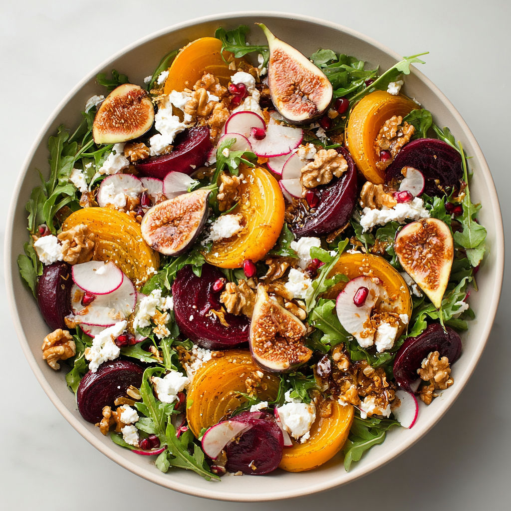 A bowl of salad with figs, goat cheese, and beets.