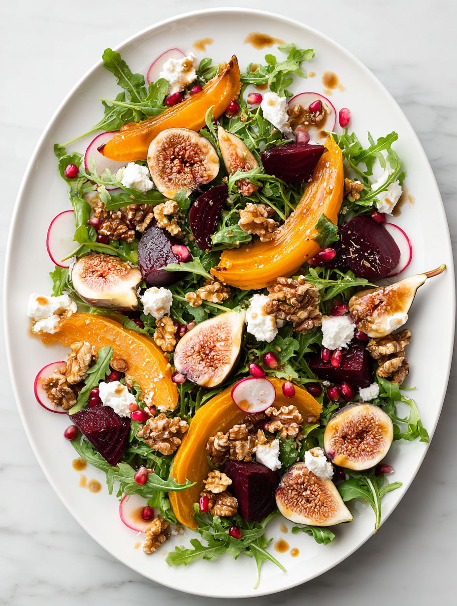 A salad with beets, figs, and goat cheese.
