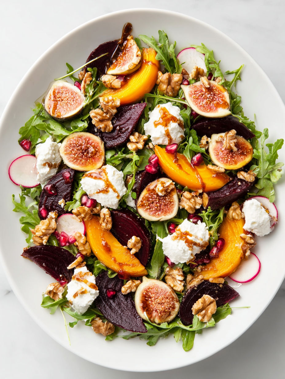 A salad with figs, goat cheese, and beets.