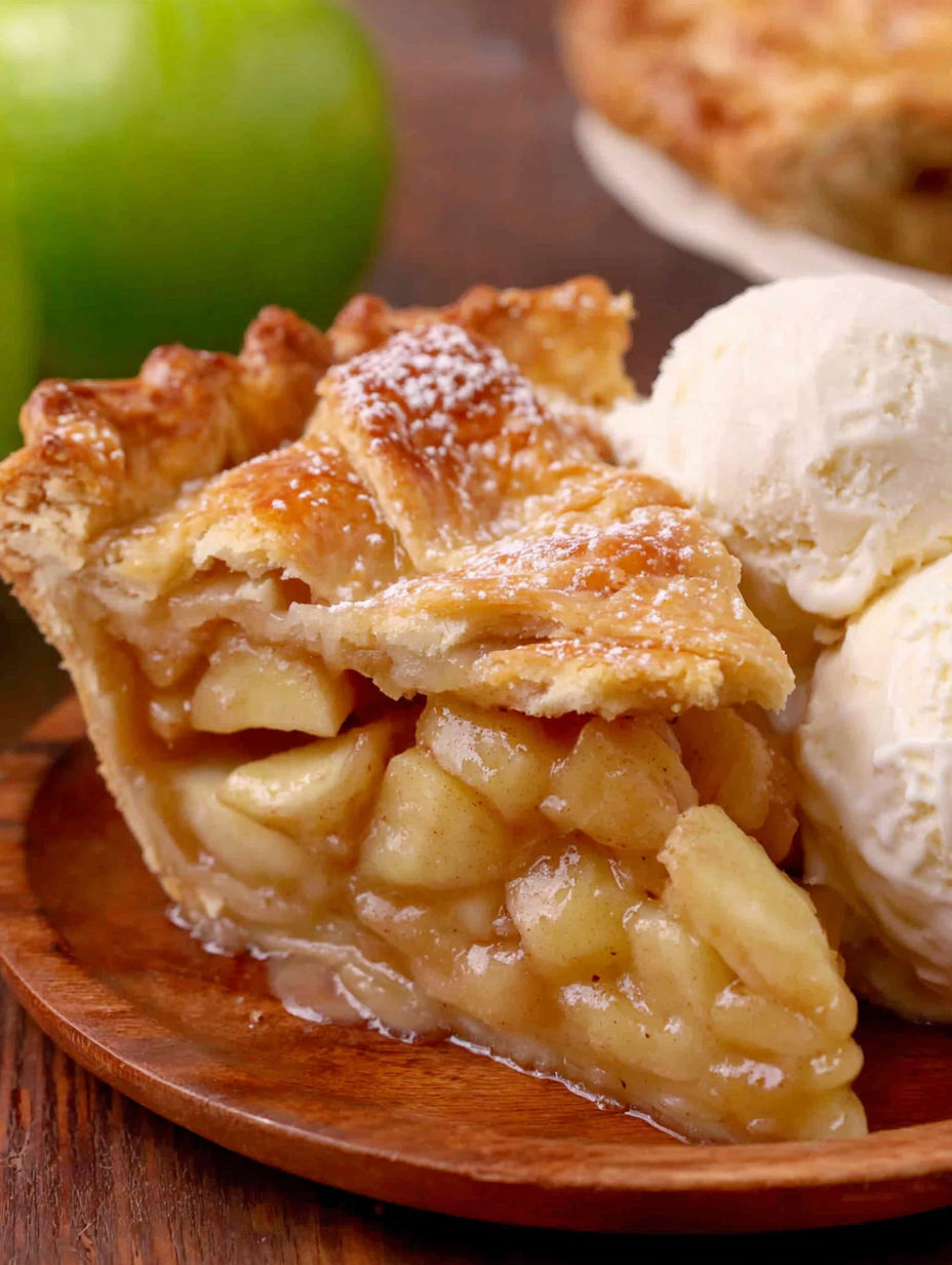 A slice of apple pie with a scoop of ice cream on top.
