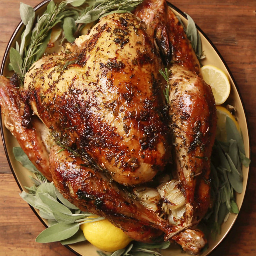 A roasted turkey with herbs and lemon.