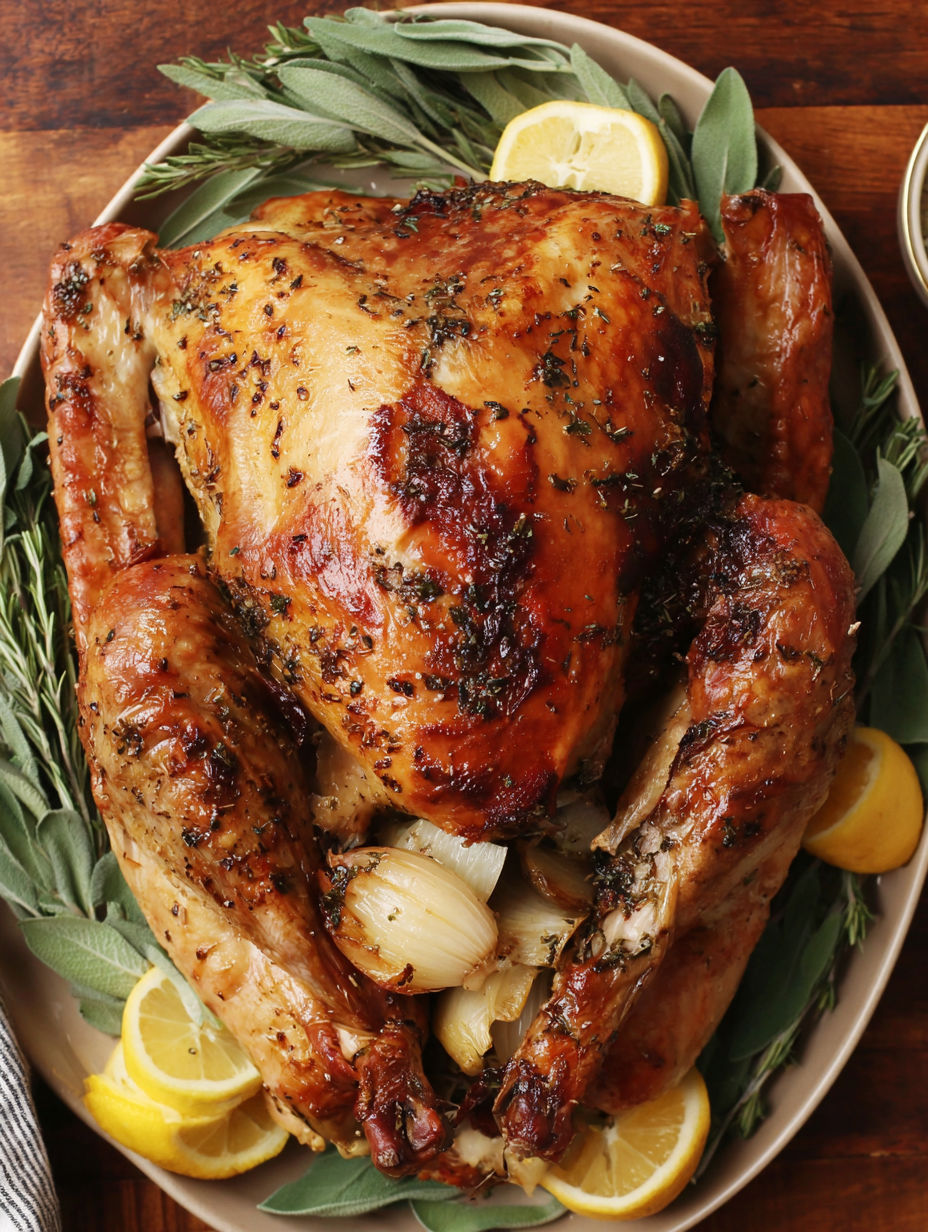 A roasted turkey with onions and lemon.