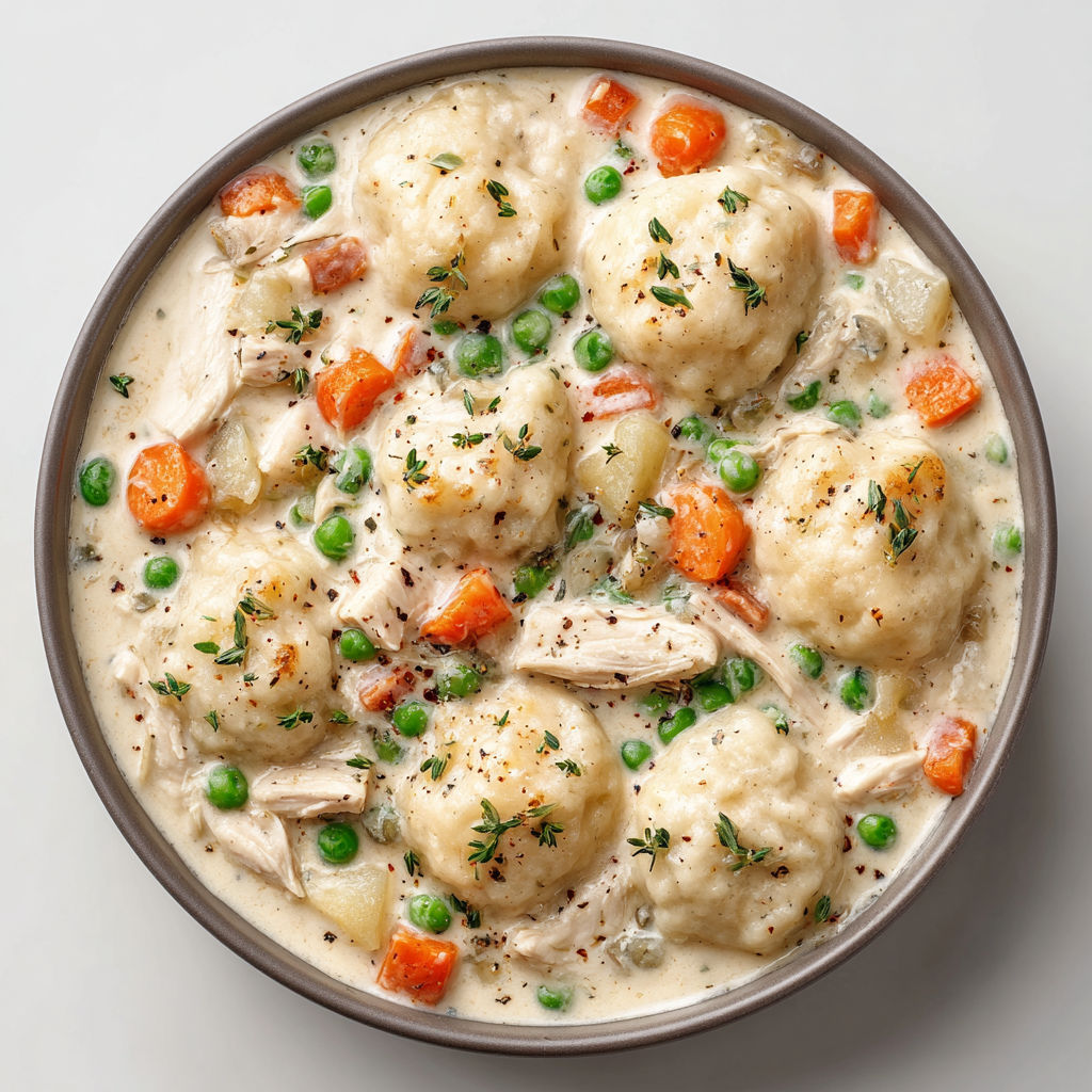 A bowl of creamy chicken and dumplings.