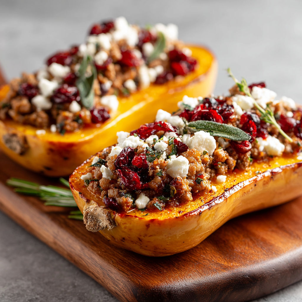 Two stuffed butternut squash with ground turkey and blue cheese.