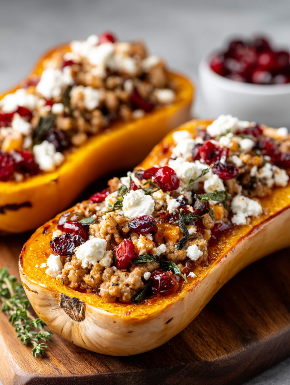 A stuffed butternut squash with ground turkey and feta cheese.