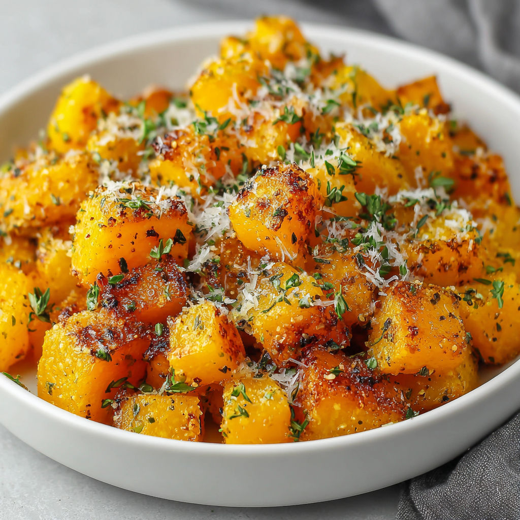 A bowl of roasted butternut squash with Parmesan cheese.
