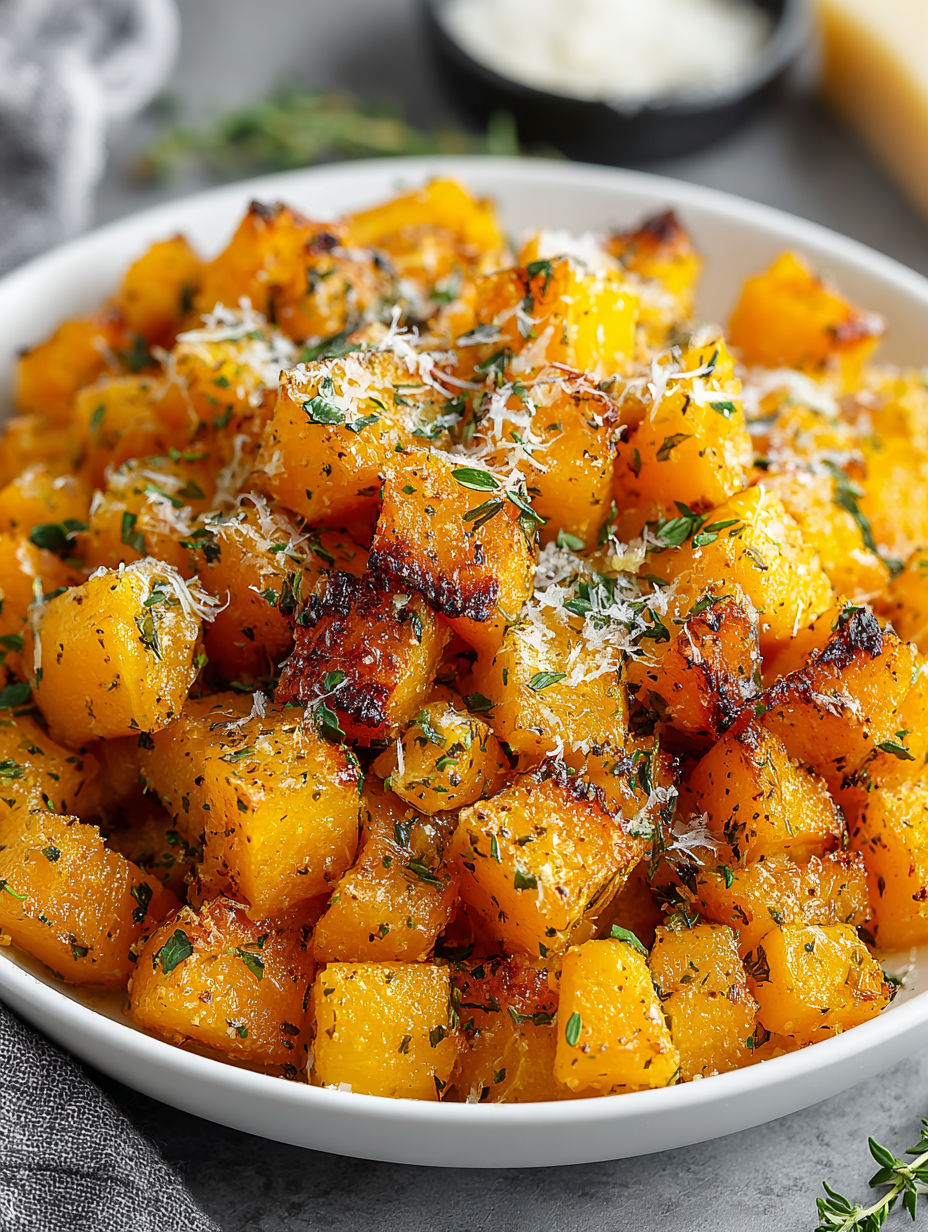 A bowl of roasted butternut squash with garlic and Parmesan cheese.