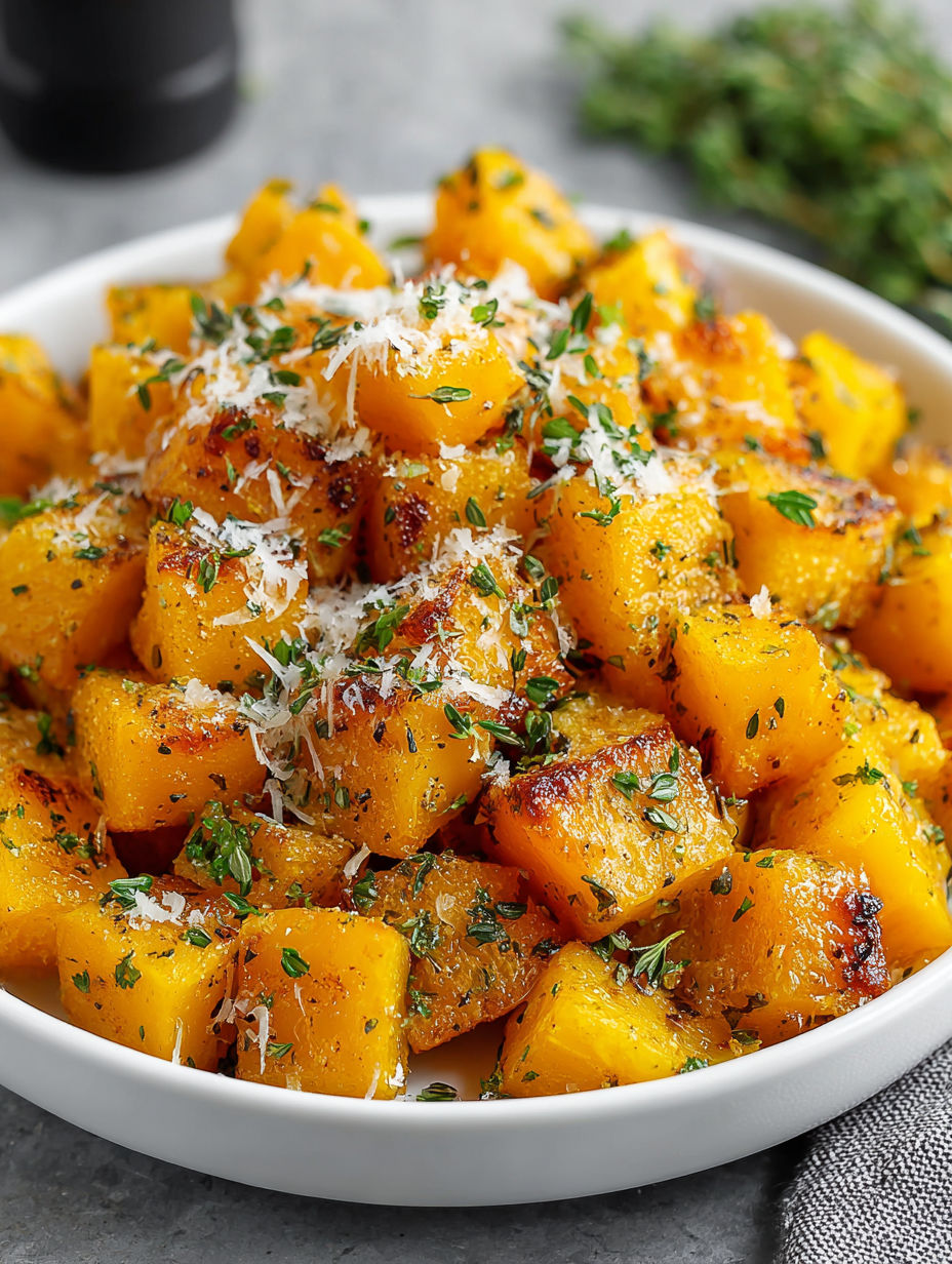A white bowl filled with roasted butternut squash.