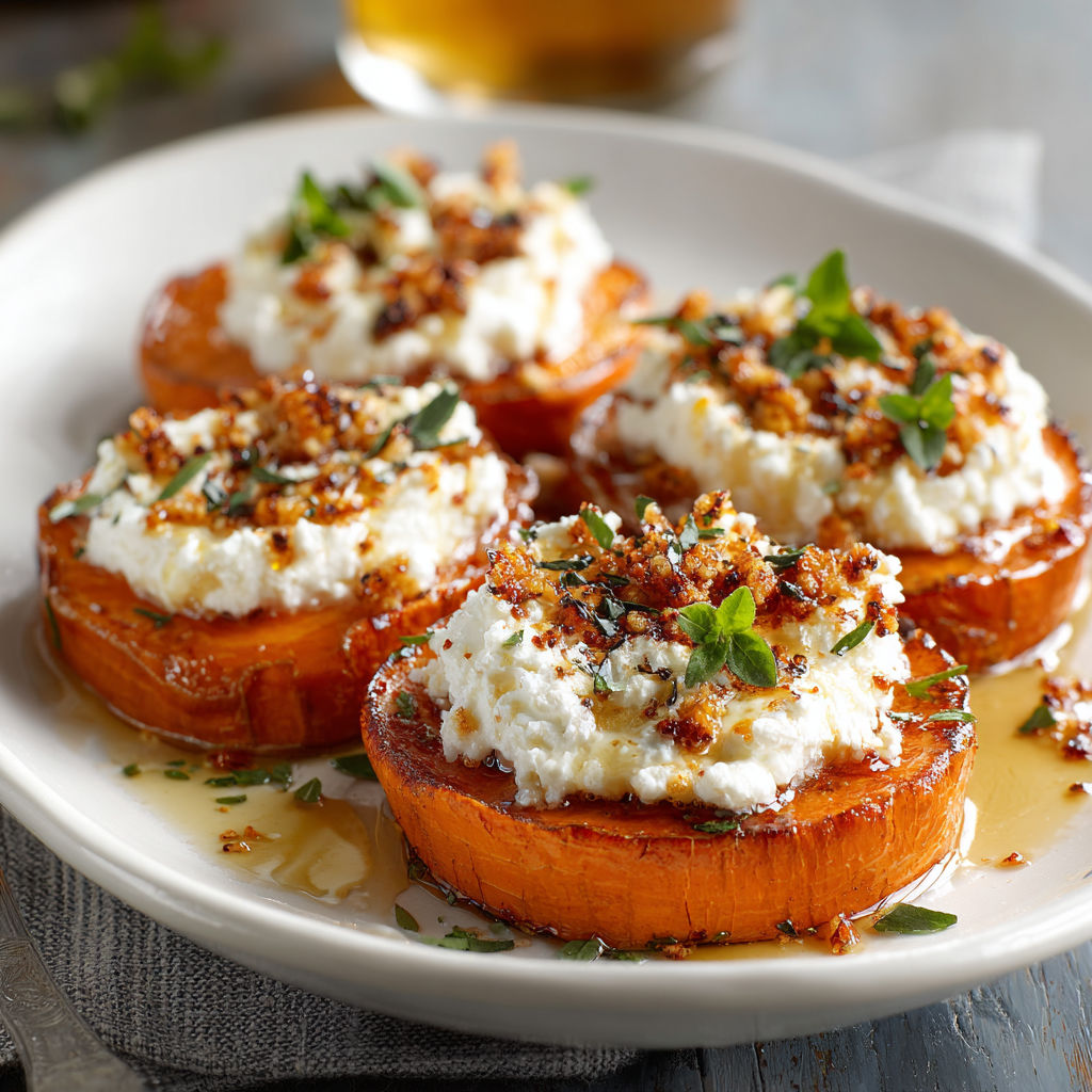 Sweet potato rounds with whipped cottage cheese and hot honey.