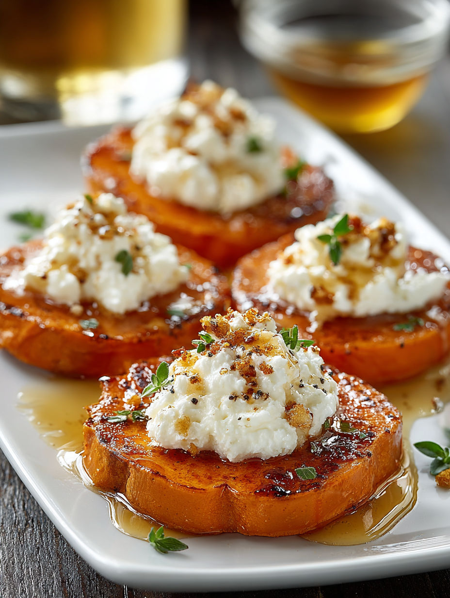 Sweet potato rounds with whipped cottage cheese and hot honey.
