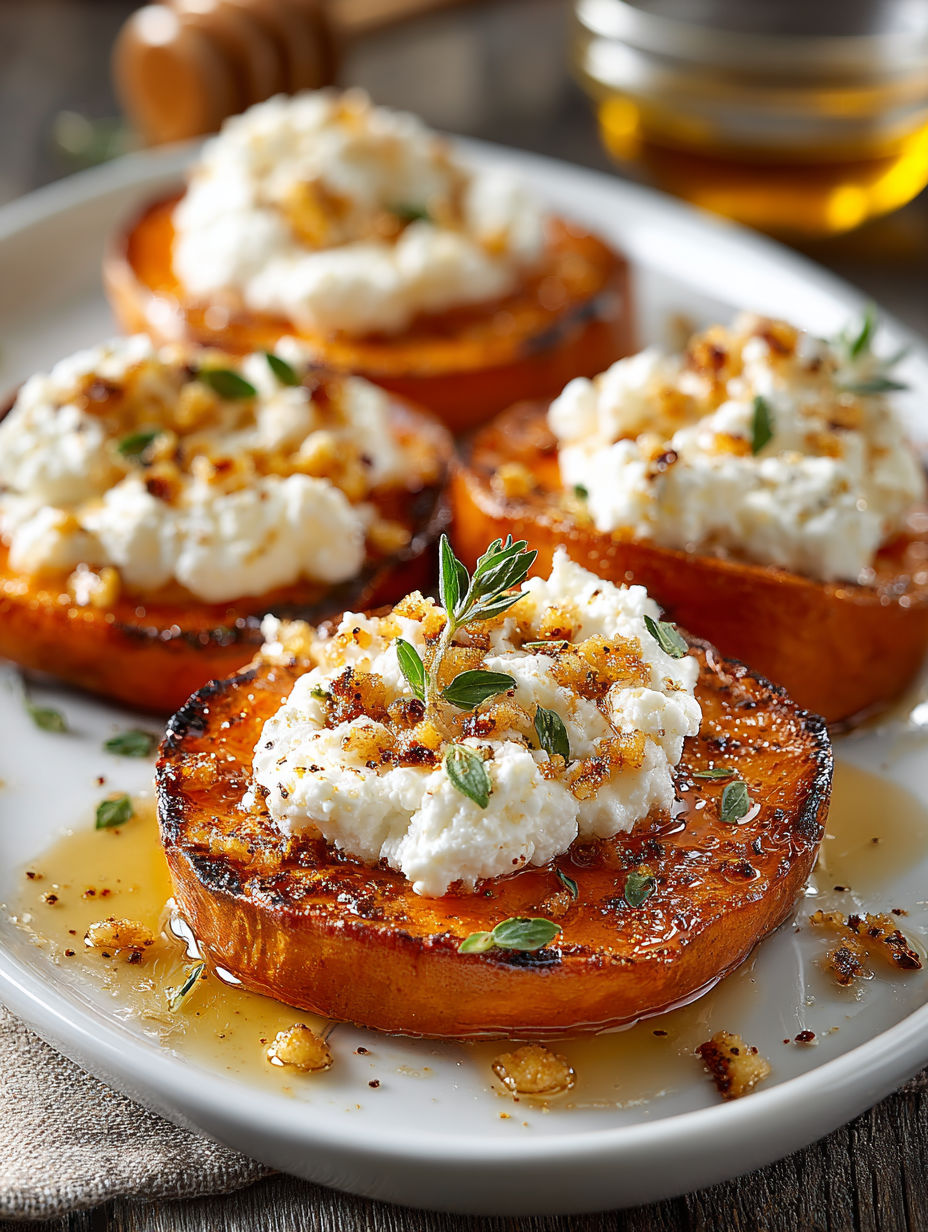 Sweet potato rounds with whipped cottage cheese and hot honey.