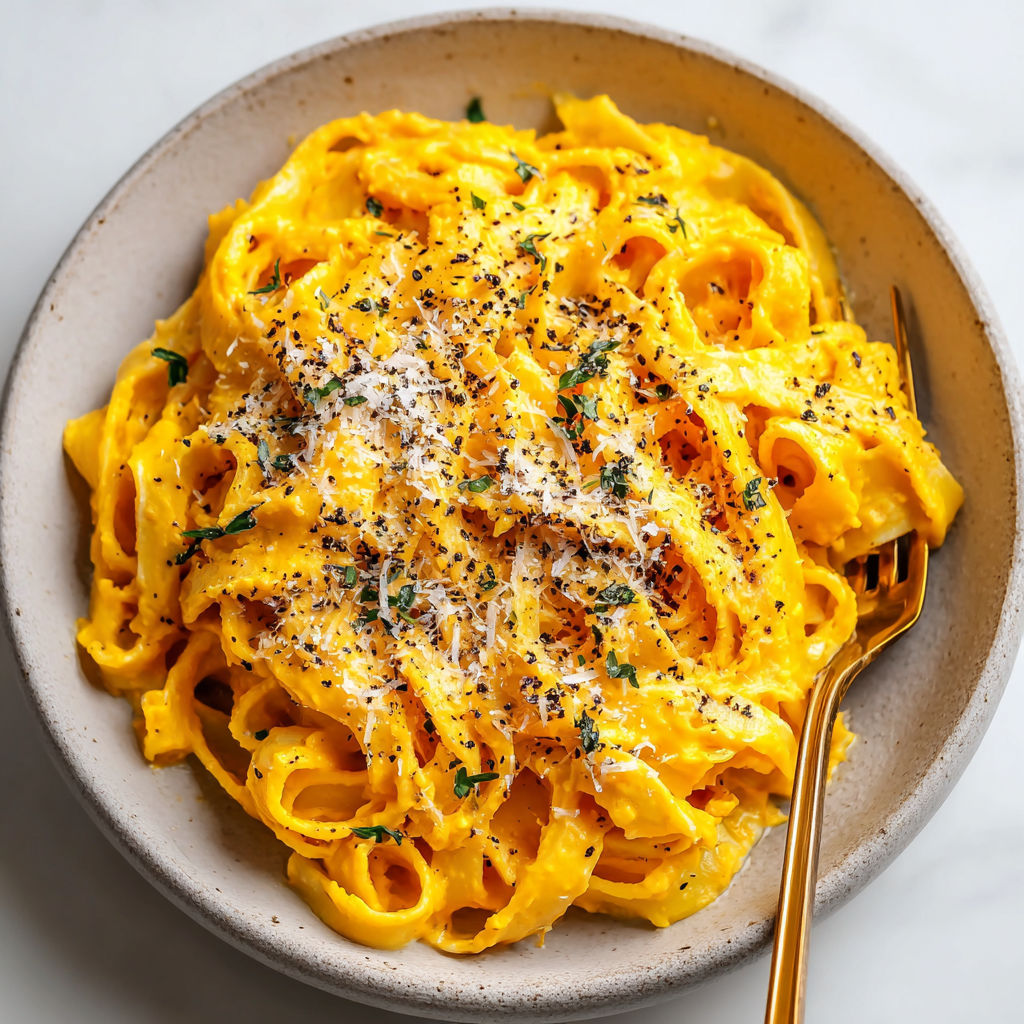 A bowl of creamy pumpkin fettuccine.