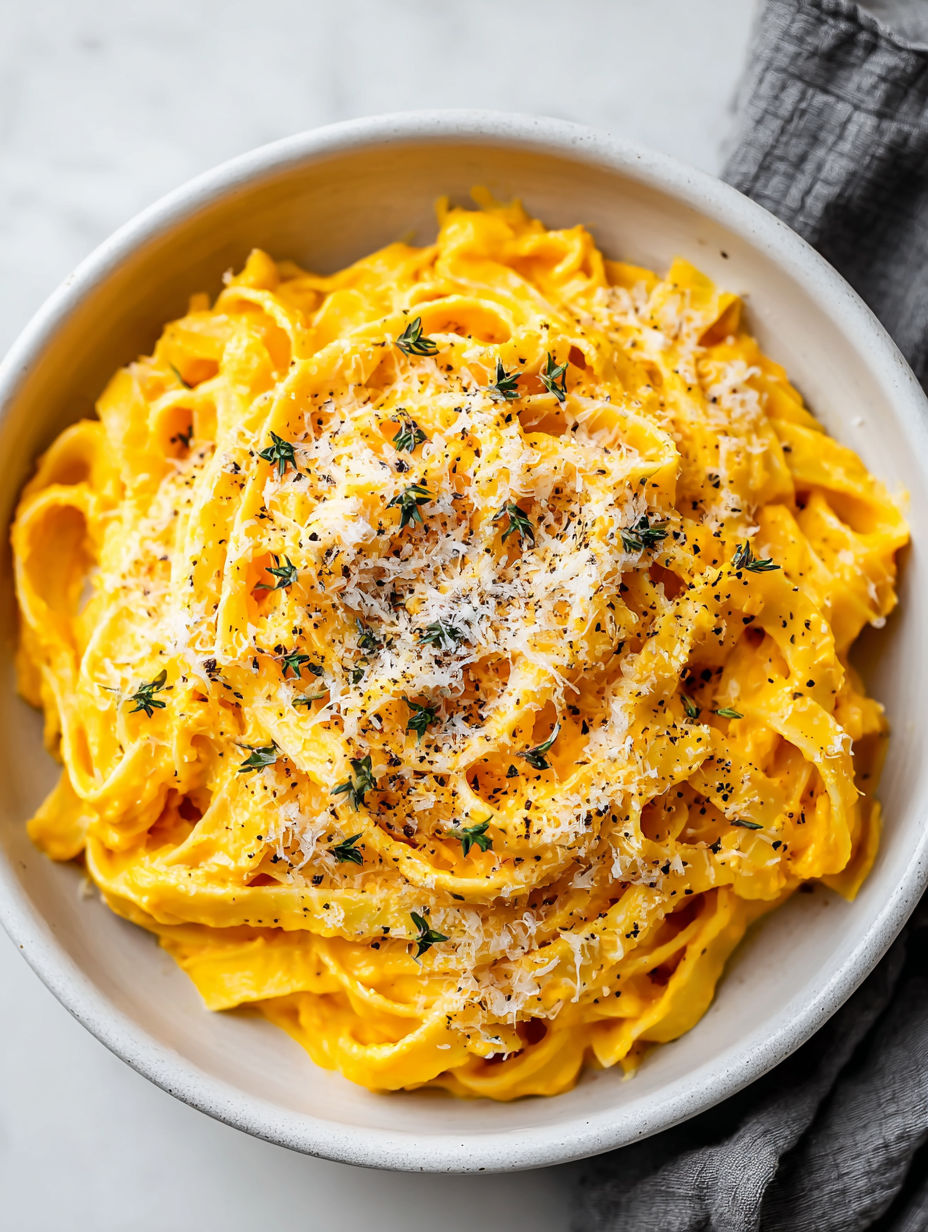 A bowl of creamy pumpkin fettuccine.