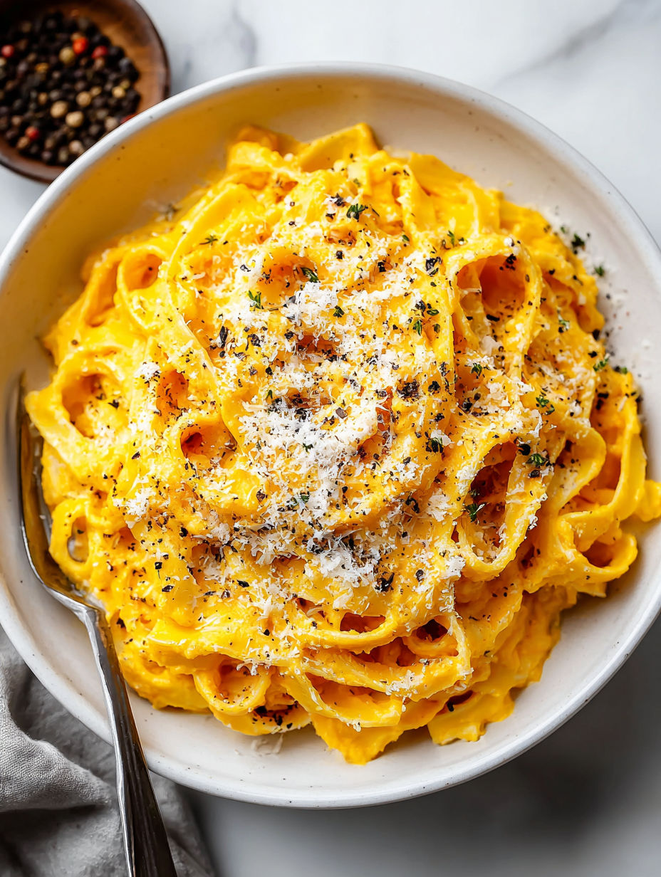 A bowl of creamy pumpkin fettuccine.