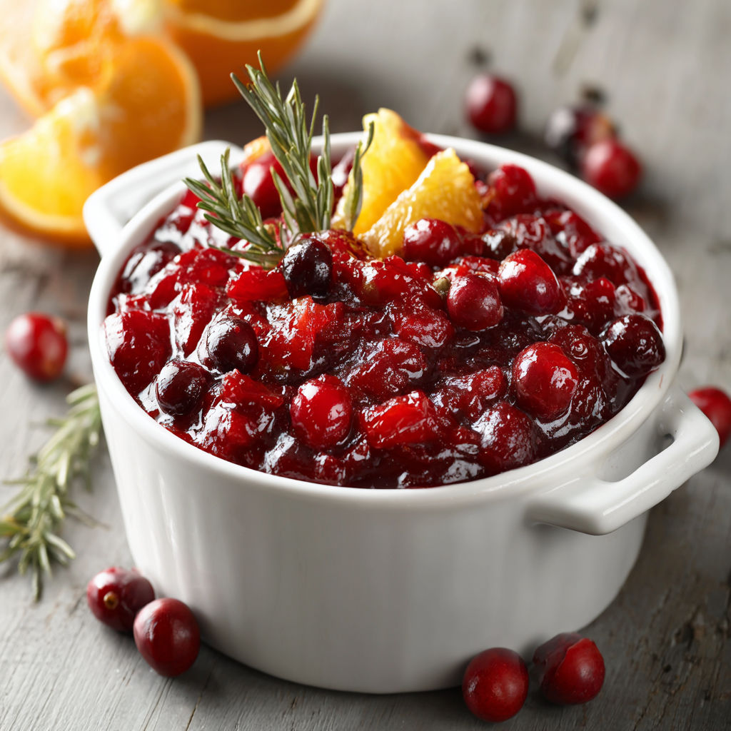 A bowl of cranberry sauce with a sprig of rosemary on top.