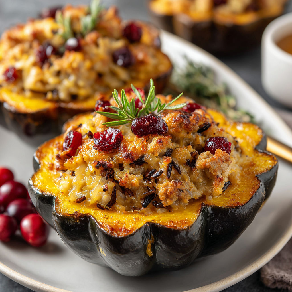 A stuffed acorn squash with chicken and apple sausage.