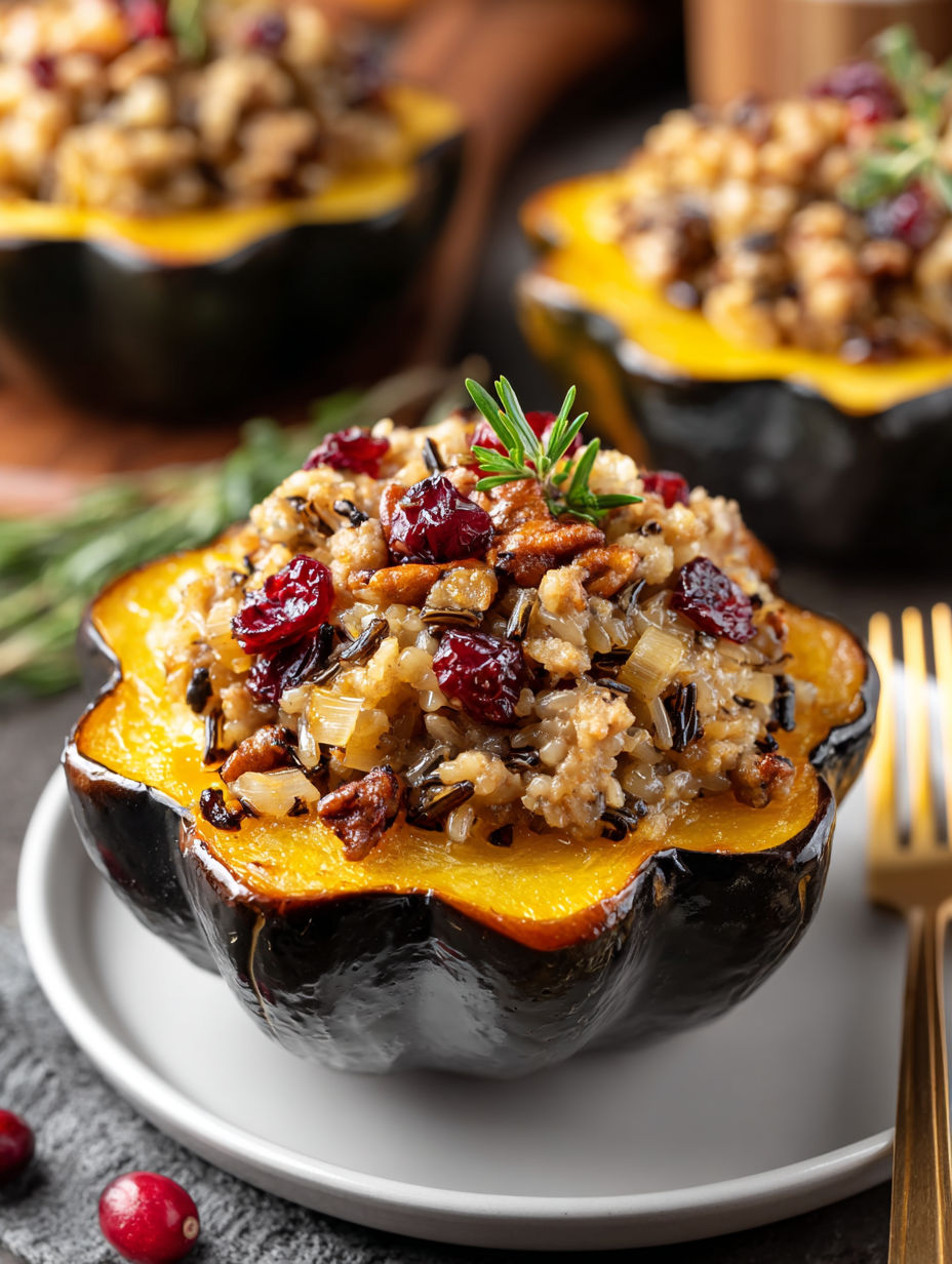 A stuffed acorn squash with chicken and apple sausage and wild rice.