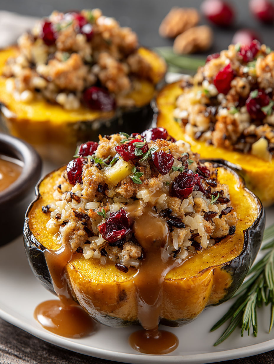 A stuffed acorn squash with chicken and apple sausage.