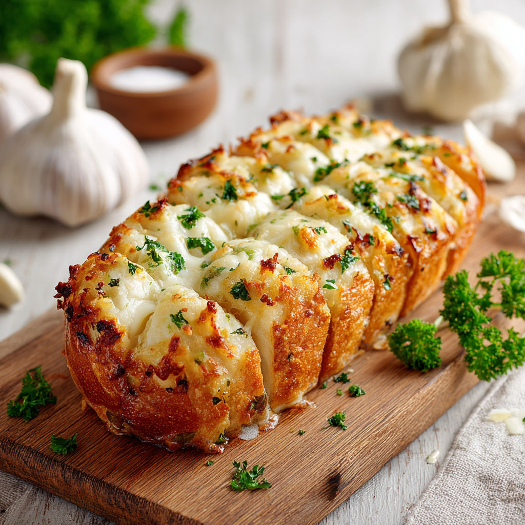 A cheesy roasted garlic bread on a wooden cutting board.