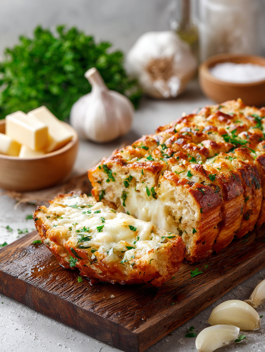 A slice of cheesy roasted garlic bread.