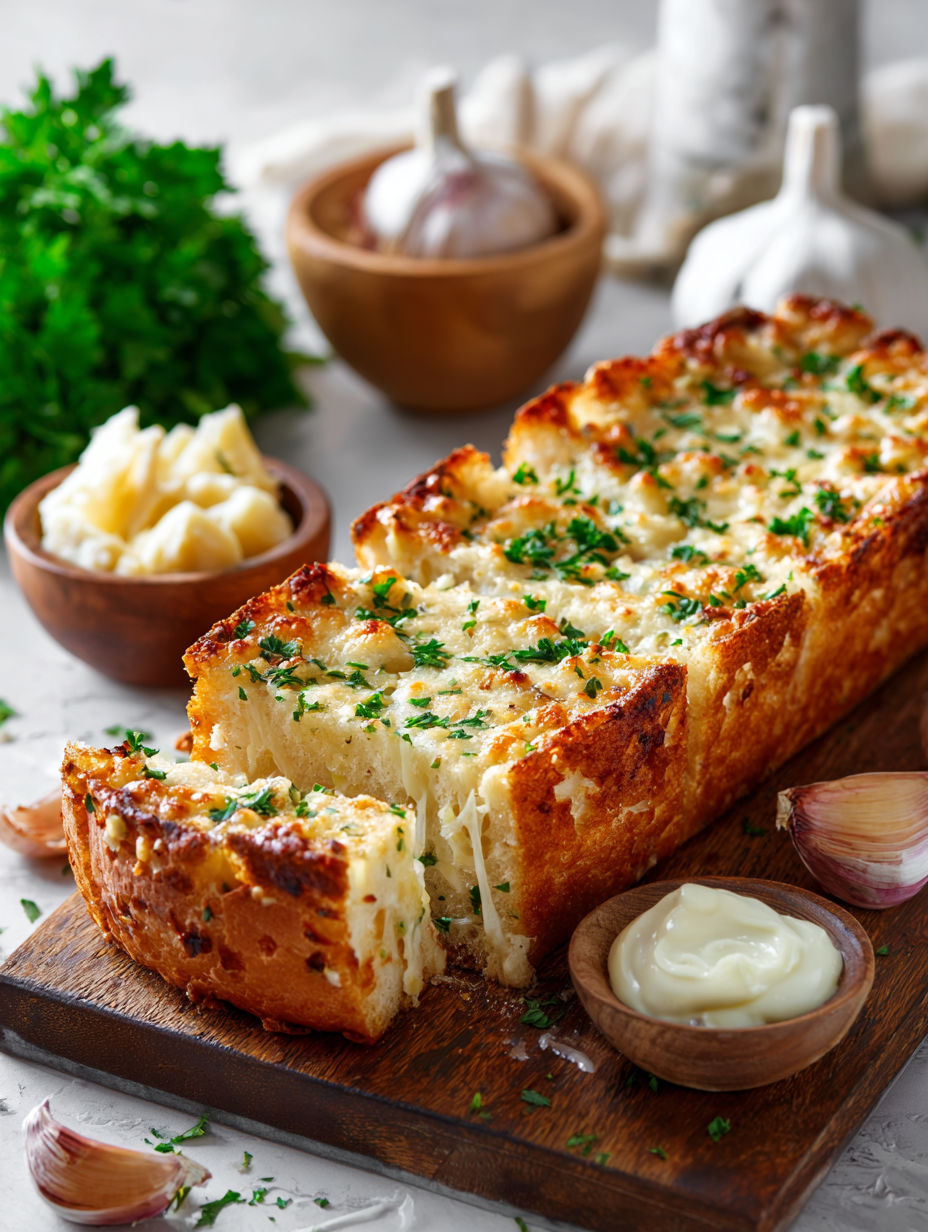 A slice of cheesy roasted garlic bread.