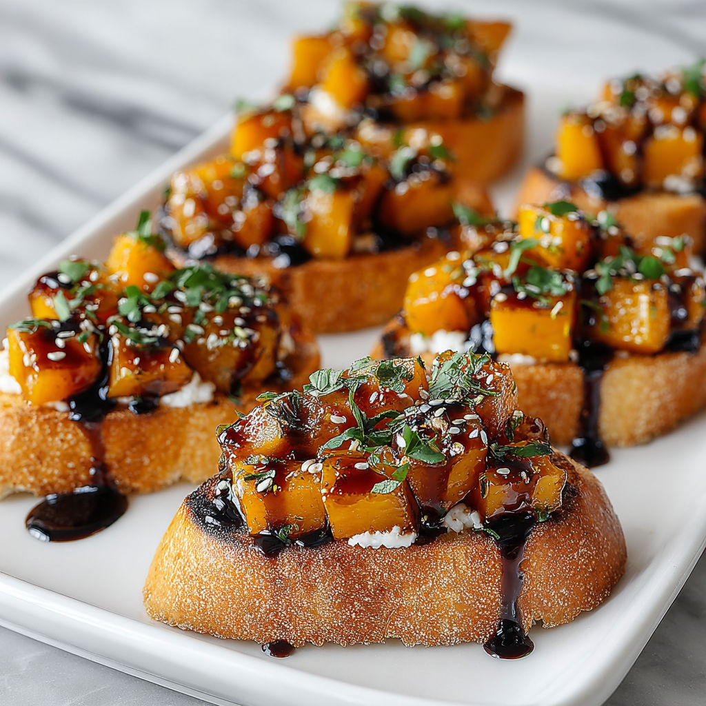 A plate of vegan butternut squash crostini with maple-balsamic drizzle.