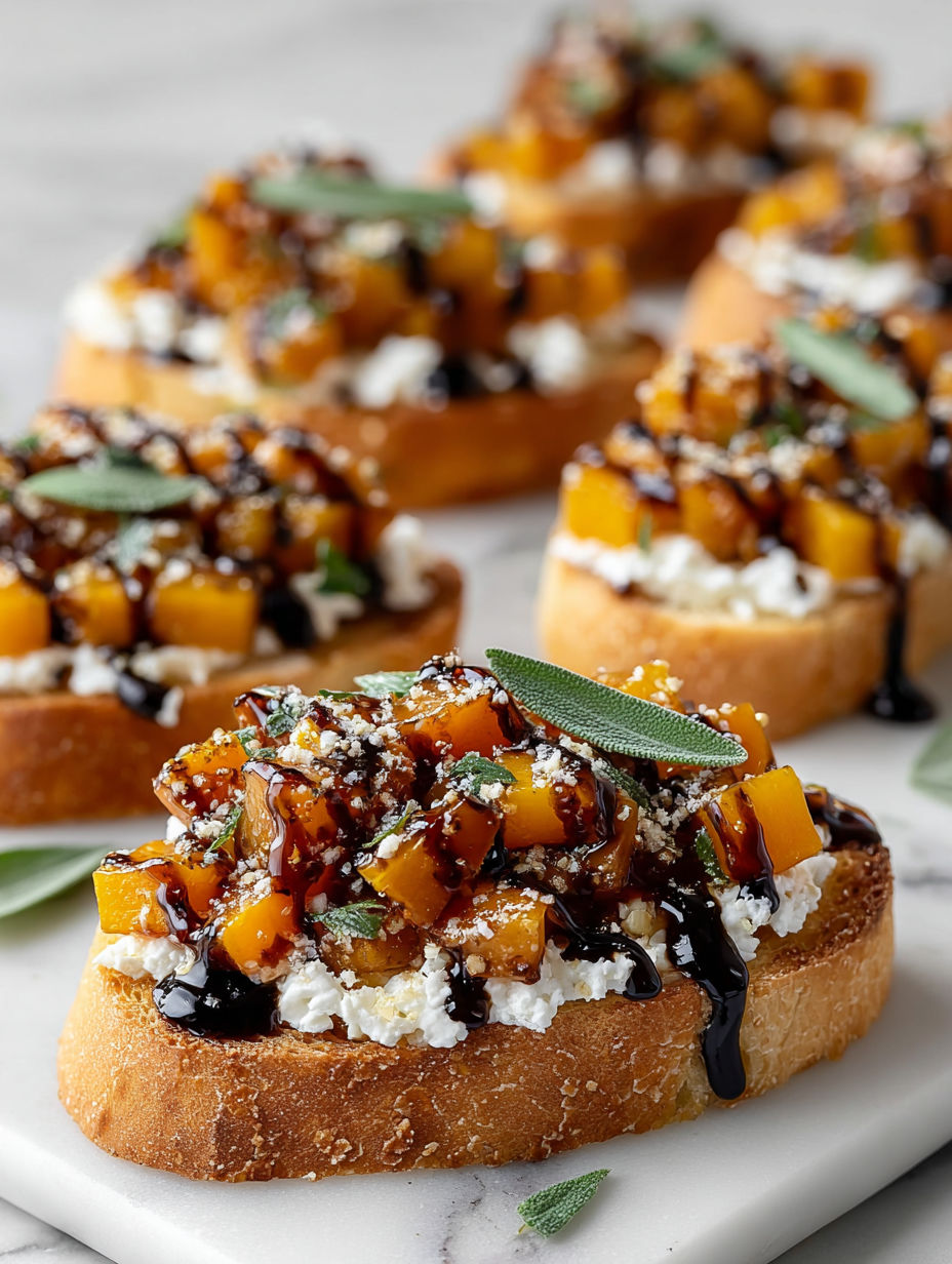 A plate of vegan butternut squash crostini with maple-balsamic drizzle.