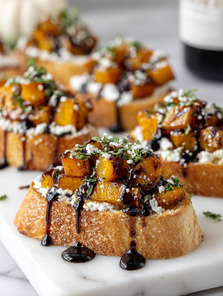 A plate of vegan butternut squash crostini with maple-balsamic drizzle.