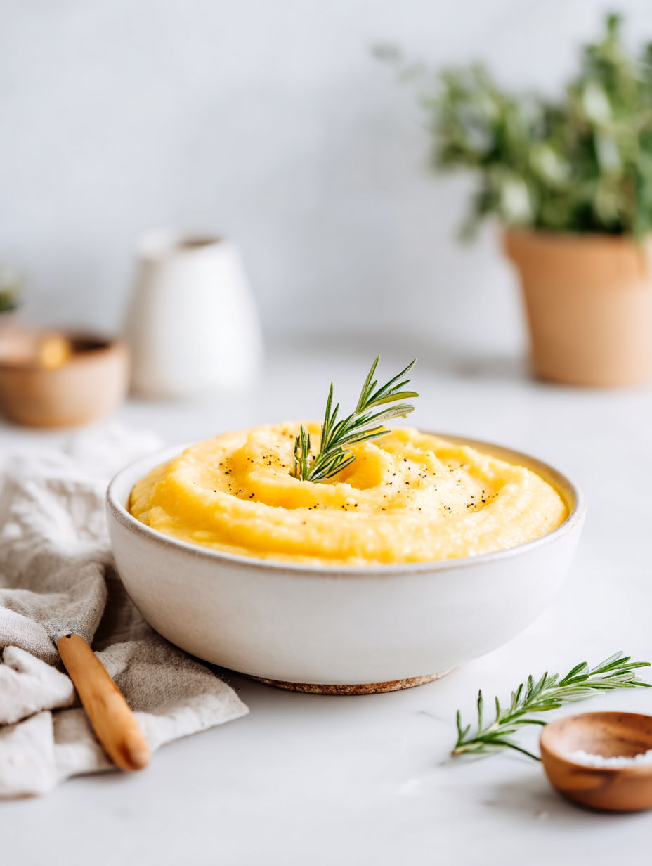 A bowl of creamy polenta with a sprig of rosemary on top.