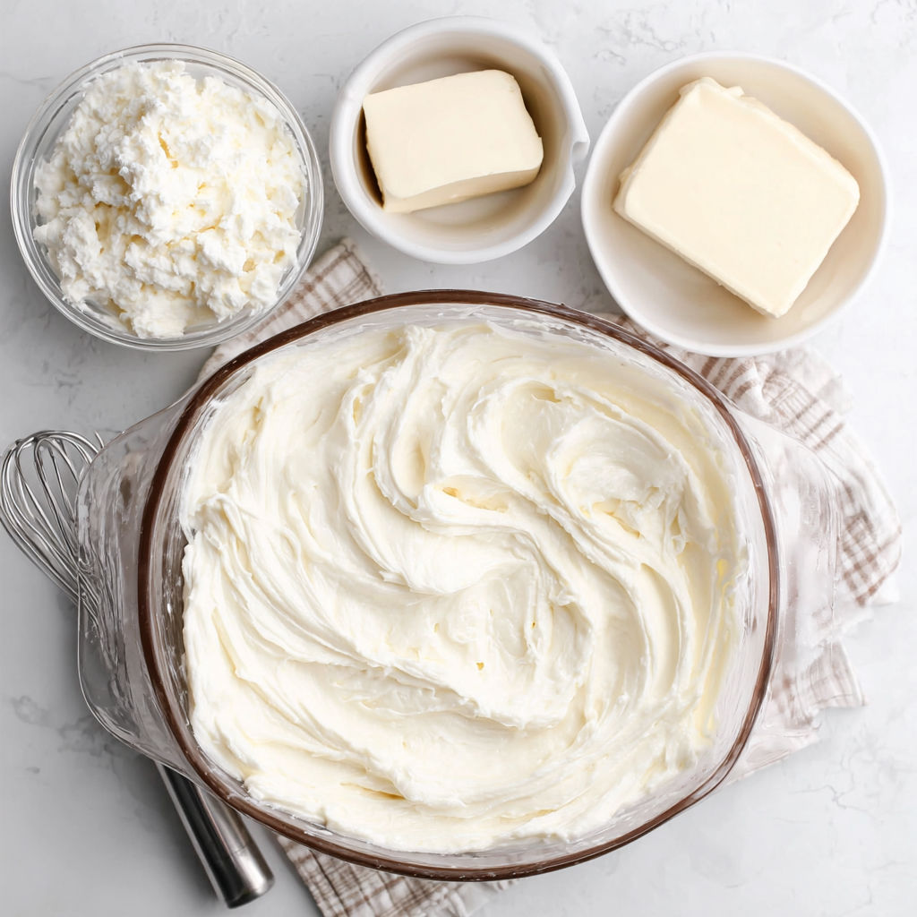 A bowl of cream cheese frosting with butter and flour.